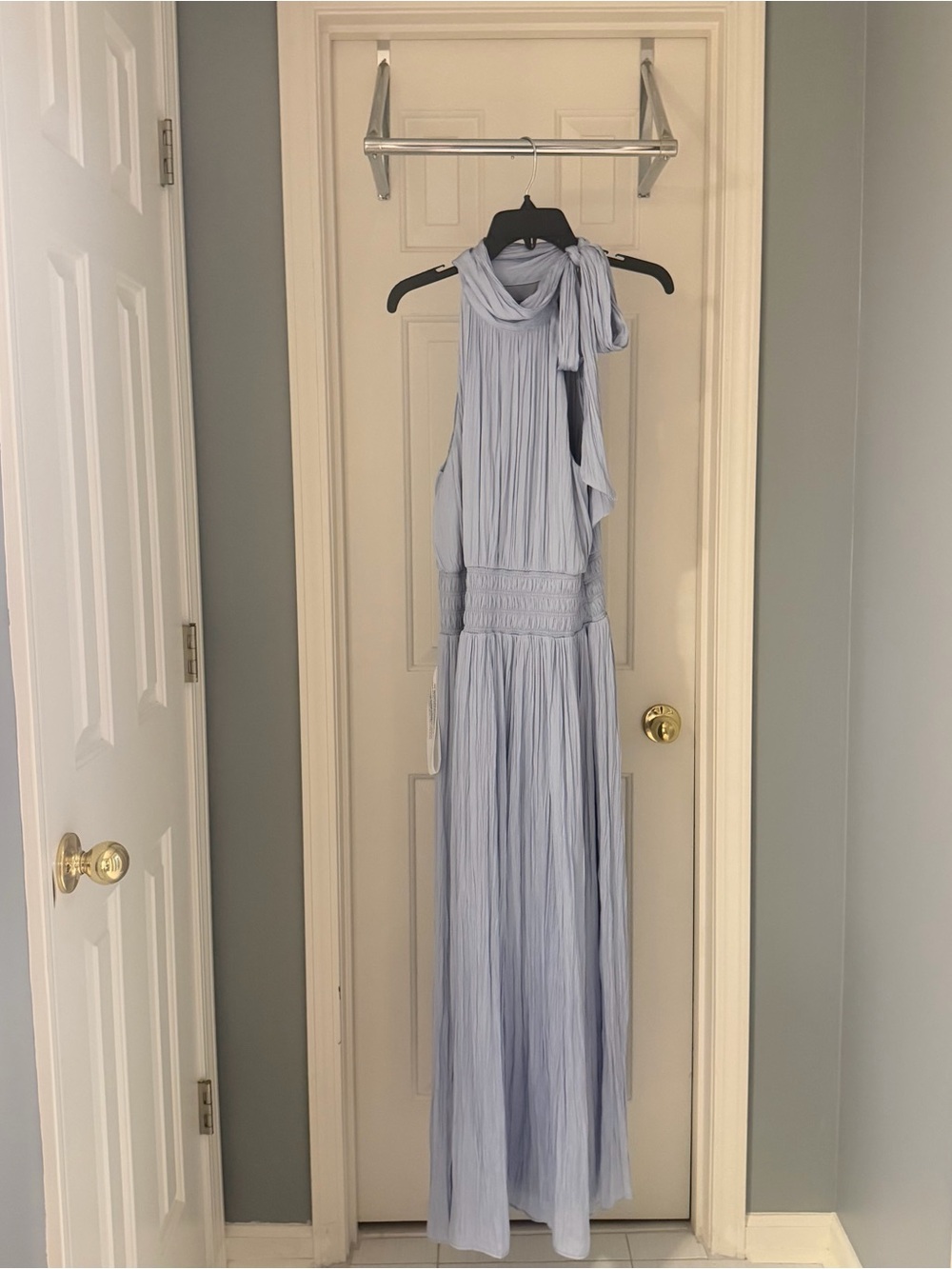 BCBGMaxAzria Light Blue Sleeveless Pleated Maxi Dress with Neck Tie